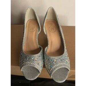 FIFTY TOPS Princess Silver Glitter Rhinestone Peep Toe Heels Kids‎ Size 3